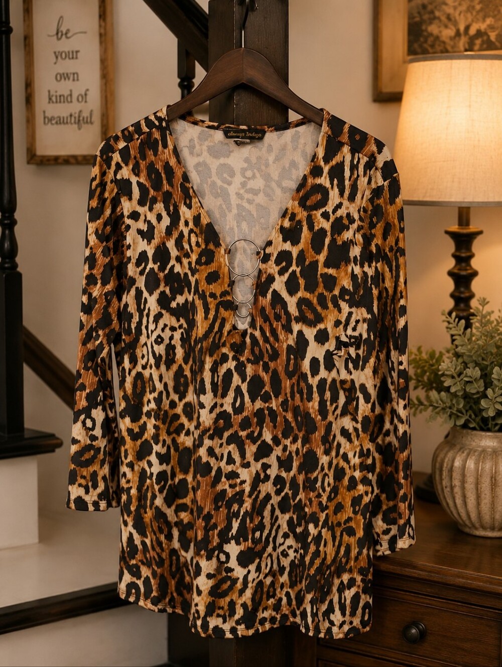 Women’s Leopard Print V-Neck Tunic with Ring Detail - Brown/Black